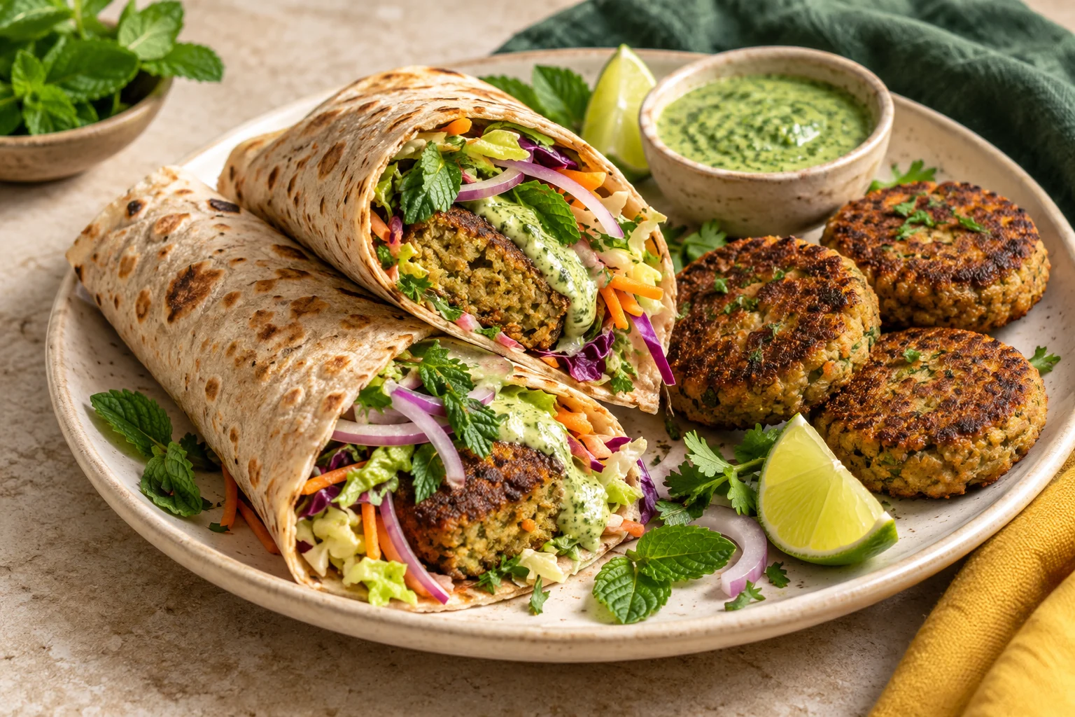 Vegetarian kebab wraps served with salad, mint chutney and lime